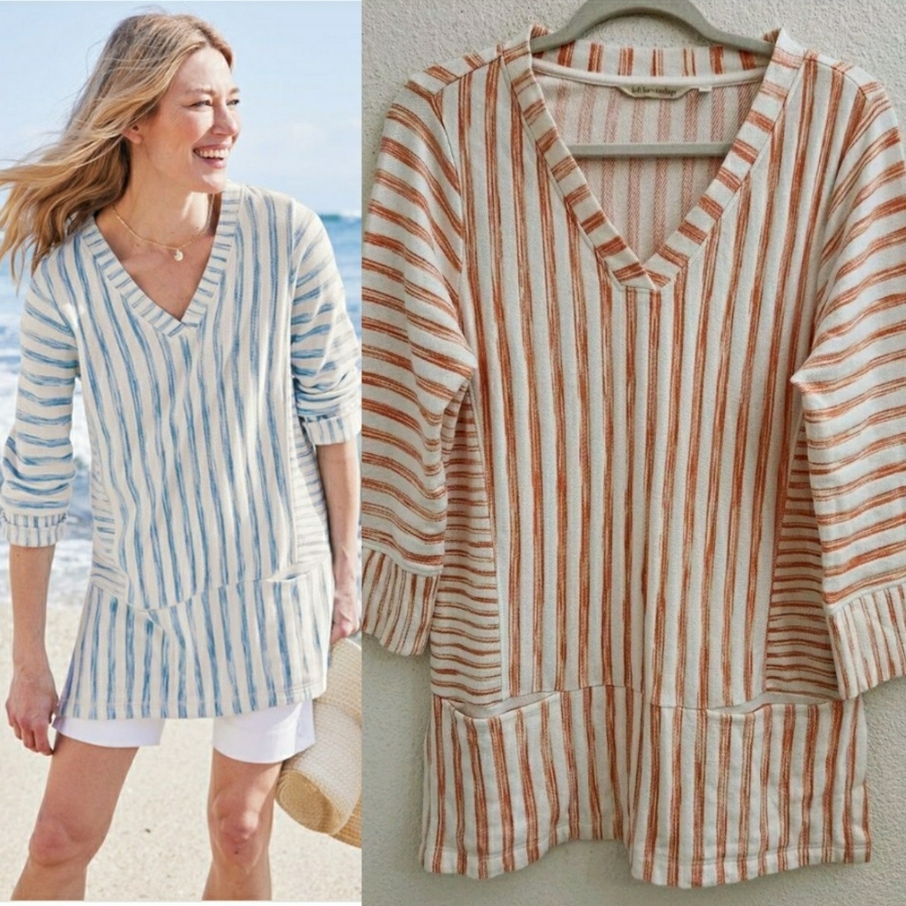 Soft Surroundings Briza Stripe  Coral & White Strip V Neck Tunic, Size S